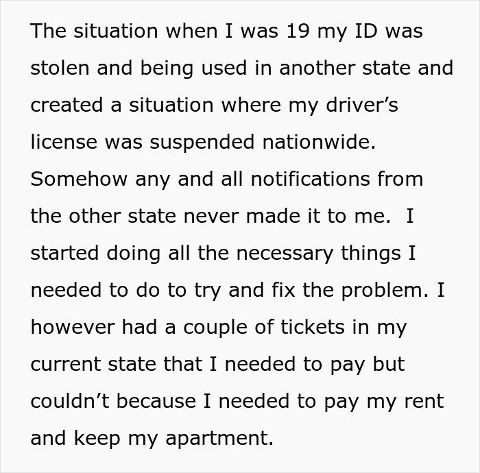 Text excerpt about driver’s license suspension nationwide due to stolen ID impacting family and personal responsibility.