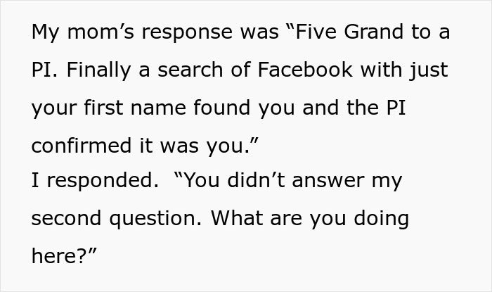Text excerpt showing a family’s effort to stalk a disowned guy after 15 years, highlighting guilt and embarrassment.