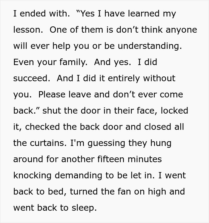 Text excerpt about family conflict, shame, guilt, and someone asserting independence after being disowned years ago.