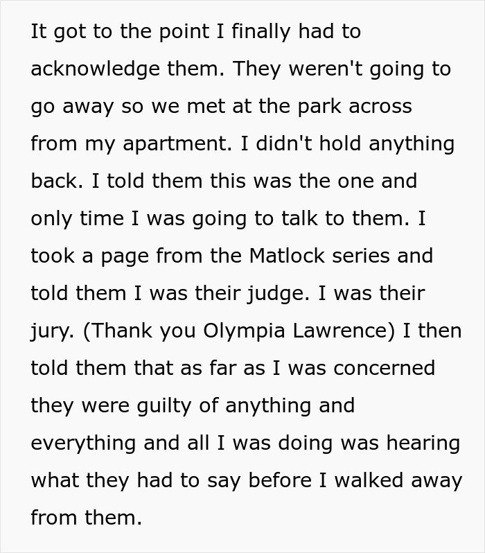 Text from a personal story about family stalking and guilt, describing a confrontation at a park near the narrator’s apartment.