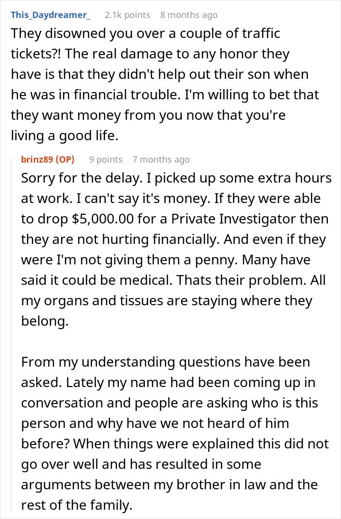 Reddit conversation about family stalking a guy they disowned 15 years ago sharing guilt and embarrassment feelings.
