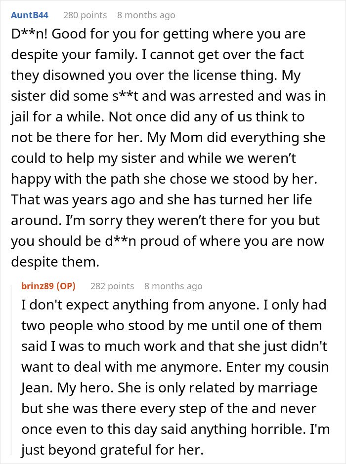 Reddit comment discussing family disowning and stalking a guy, expressing shame, guilt, and embarrassment.