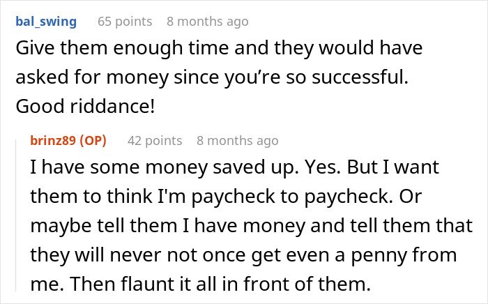 Screenshot of a Reddit conversation about family stalking a guy they disowned and feelings of shame, guilt, and embarrassment.