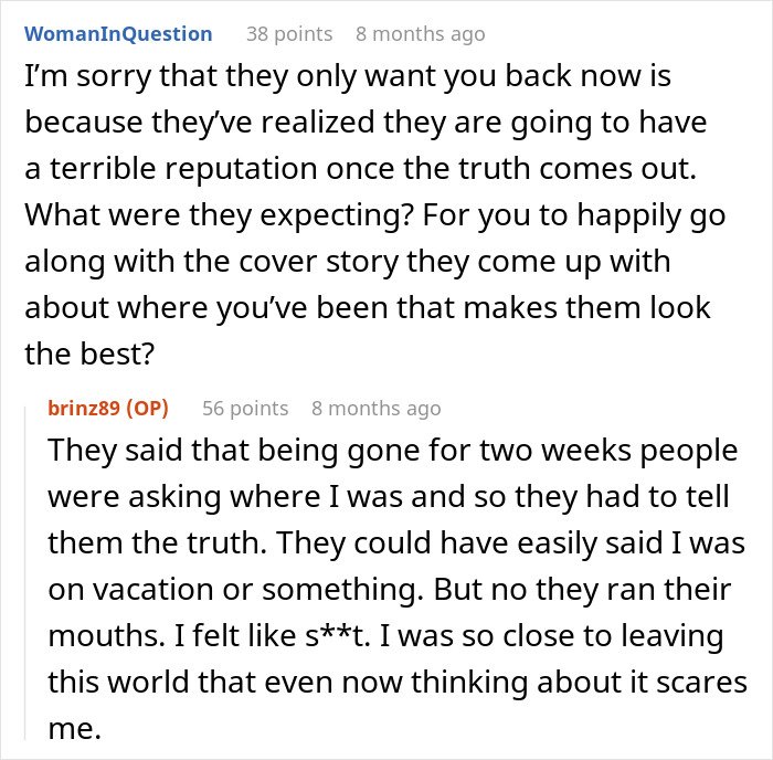 Screenshot of a Reddit conversation about family stalking and the emotional impact of being disowned years ago.