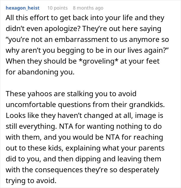 Comment discussing family stalking and disownment, highlighting shame, guilt, and embarrassment experienced by the guy.