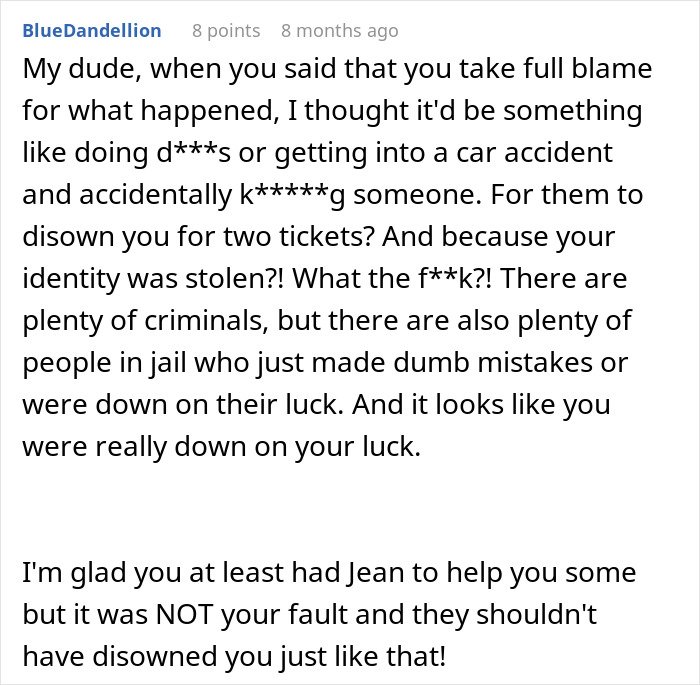 Comment discussing family disowning a guy over a mistake, expressing sympathy and mentioning guilt and embarrassment.