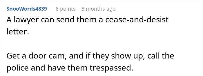 Screenshot of a comment advising to send a cease-and-desist letter and use a door cam against stalking family members.