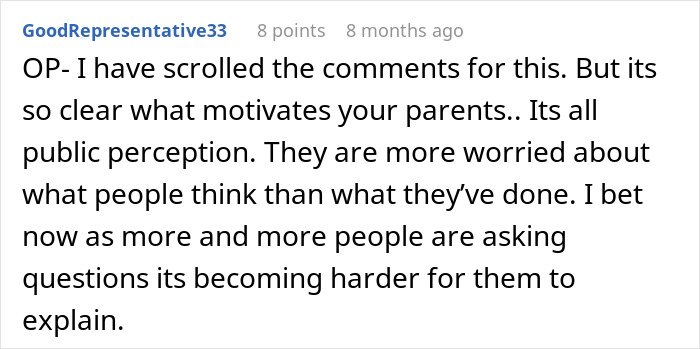 Screenshot of a Reddit comment discussing family guilt and public perception in the context of disowned family members.