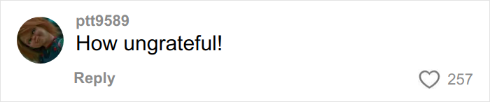 Screenshot of a social media comment reading How ungrateful, relating to mom filming son’s reaction to Angel Tree gifts.