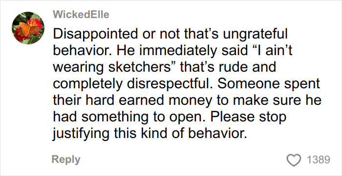 Comment criticizing ungrateful behavior in reaction to Angel Tree gifts, highlighting the son's rude response and disrespect.