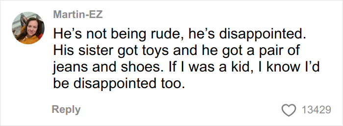 Comment expressing that a boy is disappointed about Angel Tree gifts, highlighting ungrateful reactions and viewer opinions.