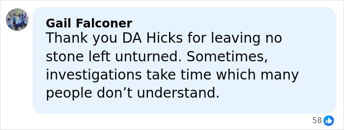 Facebook comment from Gail Falconer thanking DA Hicks for thorough investigation into 5-year-old daughter’s slaying case.