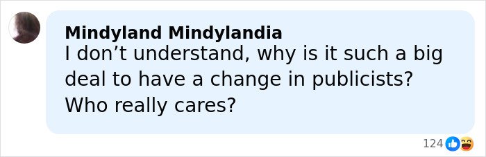 Comment from Mindyland Mindylandia questioning the significance of frequent publicist changes for Meghan Markle and Prince Harry’s team.