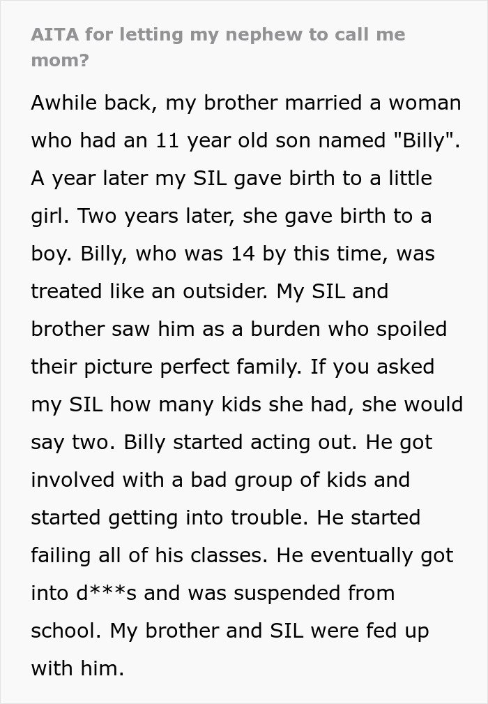 Text excerpt from a woman sharing her story about letting her nephew call her mom and the resulting family conflict.