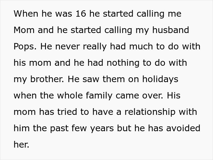 Text excerpt about woman letting nephew call her mom, bio mom upset and demanding she stop the situation.