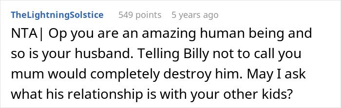 Screenshot of an online comment discussing a woman letting her nephew call her mom, and the biological mom's reaction.