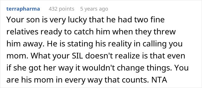 Comment about woman letting nephew call her mom, causing bio mom to demand she stop the practice.
