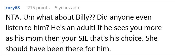 Screenshot of a forum comment discussing a woman letting her nephew call her mom and the bio mom’s reaction.