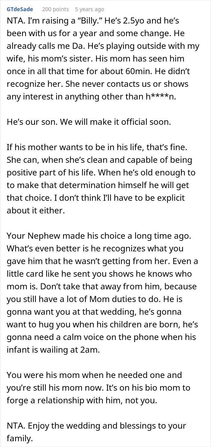 Comment about woman letting nephew call her mom while his biological mom demands she stop it, discussing family dynamics.