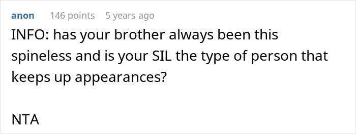 Text screenshot of a discussion where a user calls out a brother’s behavior and asks about sister-in-law’s character regarding family conflicts.