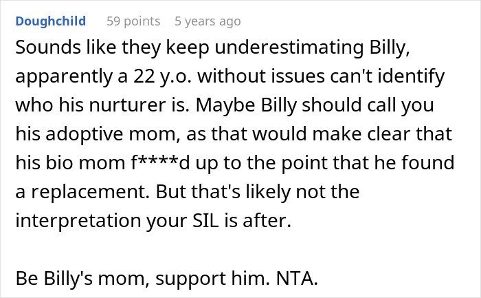 Text excerpt from a discussion about a woman letting her nephew call her mom, causing conflict with his biological mom.