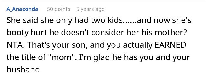 Comment discussing a woman letting her nephew call her mom and the biological mom demanding she stop it.