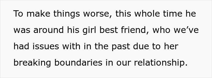 Text discussing issues in a relationship caused by boundaries broken between a woman, her boyfriend, and his girl best friend.