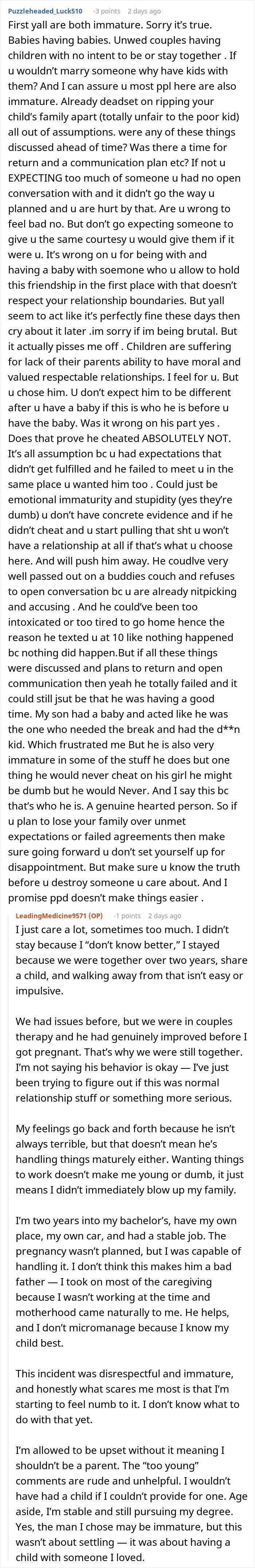 Woman rethinking her relationship after boyfriend abandons her and newborn to party for over 18 hours, feeling hurt and conflicted