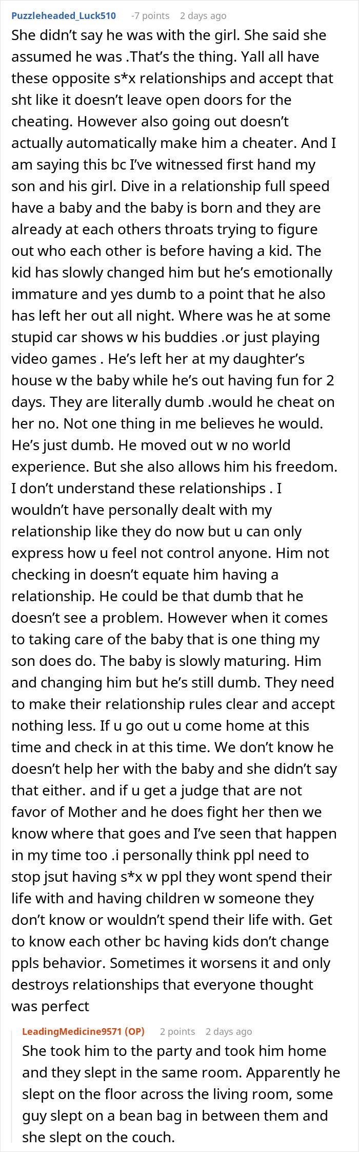 Forum discussion about a woman rethinking her relationship after her boyfriend leaves her with a newborn to party all night.