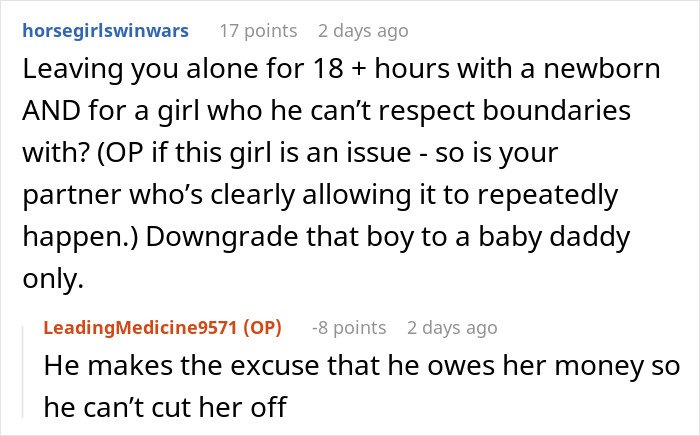 Text conversation about woman rethinking her relationship after boyfriend leaves her with a newborn to party for 18 hours.
