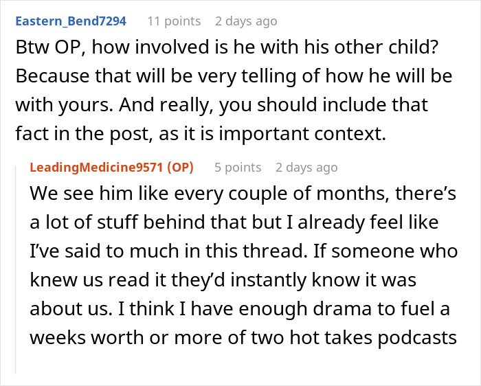 Screenshot of a Reddit conversation about a woman rethinking her relationship after her boyfriend abandons her with a newborn.