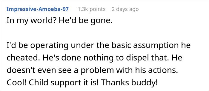 Screenshot of a social media comment about a woman rethinking her relationship after her boyfriend abandons her with a newborn.