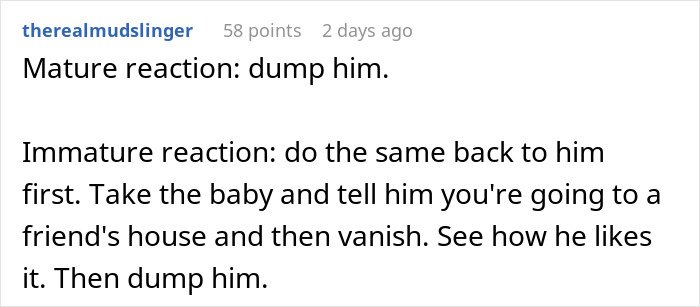 Alt text: Screenshot of a Reddit comment discussing a woman rethinking her relationship after her boyfriend ditches her with a newborn to party.