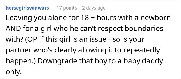 Screenshot of a comment discussing a woman rethinking her relationship after her boyfriend abandons her with a newborn to party over 18 hours.