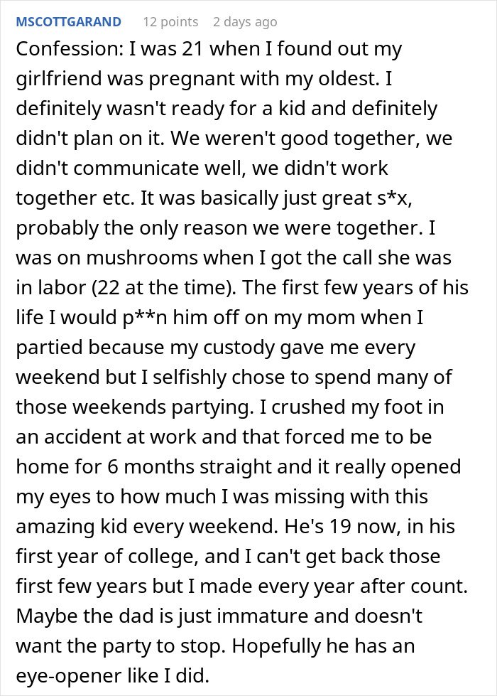 Man reflects on his relationship and missed parenting moments after choosing partying over responsibility with newborn child.