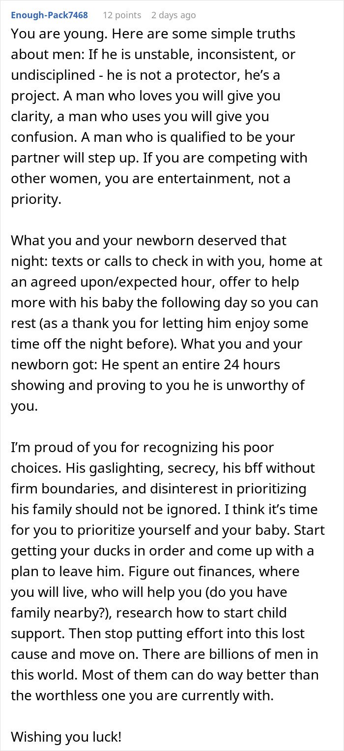 Comment text on relationship advice about woman rethinking her relationship after boyfriend ditches her and newborn to party.
