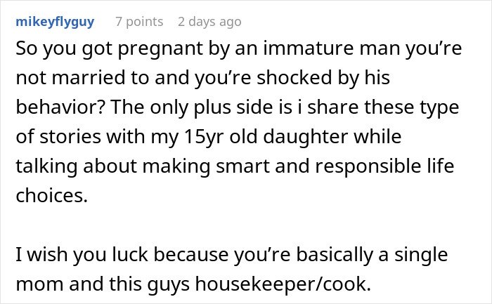 Comment discussing a woman rethinking her relationship after her boyfriend ditches her and newborn to party for over 18 hours.