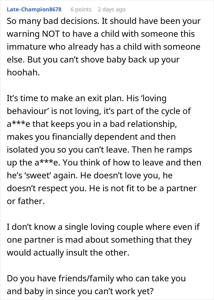 Comment discussing relationship issues and advising a woman to rethink her relationship after her BF ditches her with a newborn.