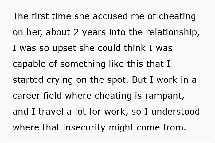 Text excerpt about wife accusing husband of cheating, highlighting relationship insecurity and reputation damage after 10 years.