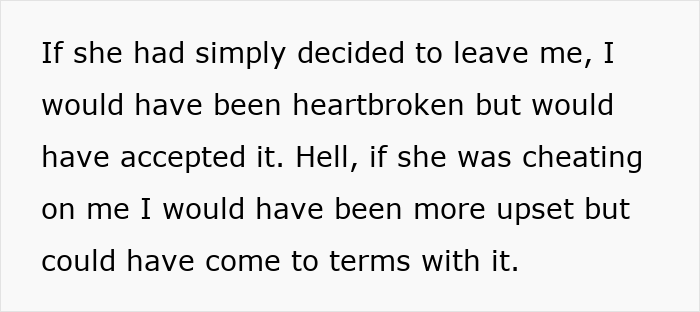 Text excerpt about wife of 10 years denying cheating while leaving husband, affecting his reputation and trust.