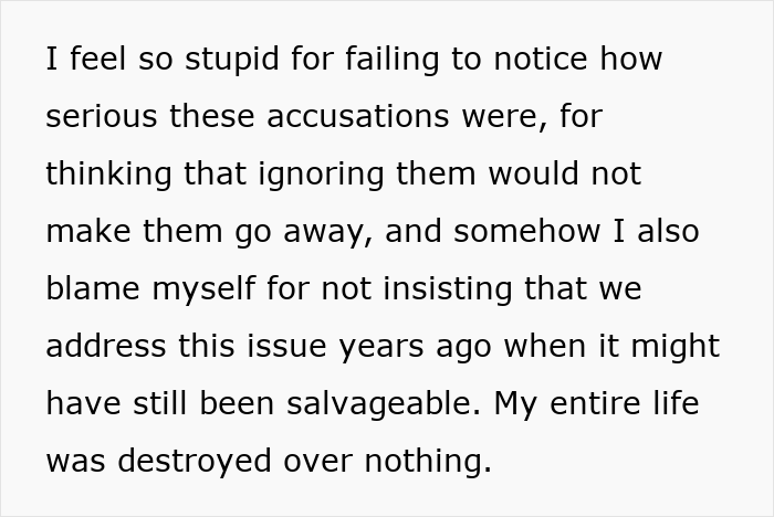 Alt text: Emotional message about accusations and ruined reputation in a long-term marriage after false cheating claims.
