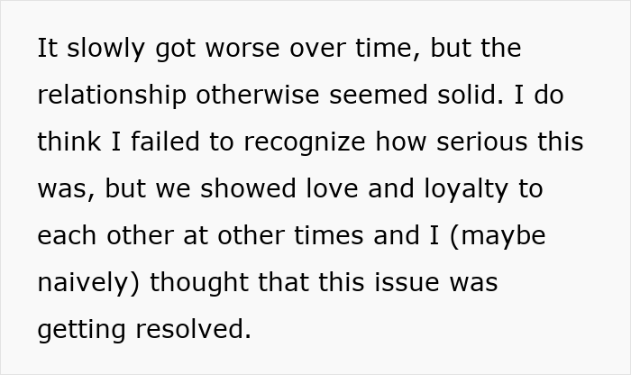 Text excerpt describing a deteriorating relationship despite apparent love and loyalty, relating to wife ruining husband's reputation.