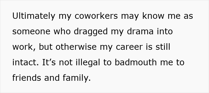Text excerpt about coworkers knowing someone for personal drama but career remaining intact, highlighting reputation damage after wife leaves him.