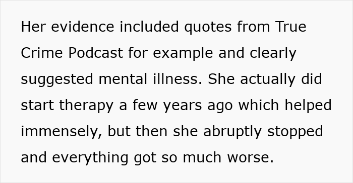 Text excerpt discussing therapy and mental illness linked to wife of 10 years ruining husband’s reputation after leaving him.