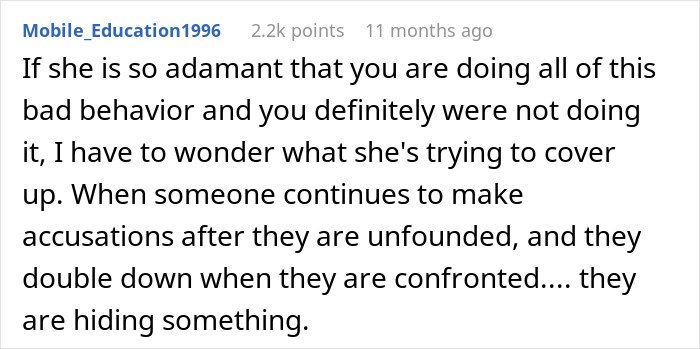 Forum comment discussing accusations and behavior in a troubled marriage, highlighting wife ruining husband's reputation.