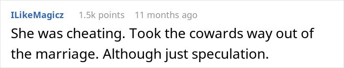 Screenshot of a comment discussing a cheating accusation impacting a husband's reputation after 10 years of marriage.