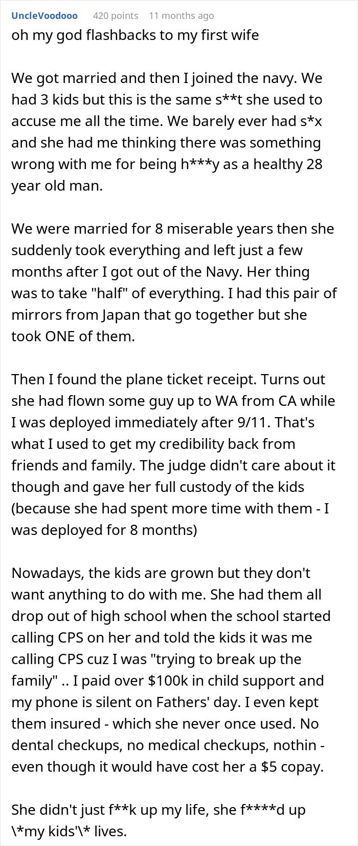 Comment text describing a man’s experience of his wife ruining his reputation and family relationships after leaving him.