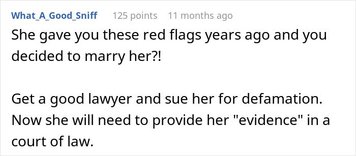 Comment discussing red flags in marriage and advice to sue for defamation after wife ruins husband’s reputation.