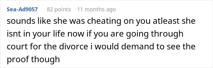 Screenshot of an online comment discussing a wife leaving her husband after 10 years, focusing on cheating and divorce proof.