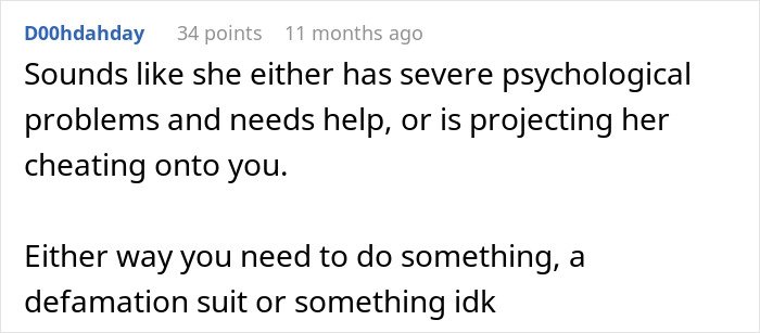 Screenshot of an online comment discussing psychological issues and defamation related to cheating accusations in a marriage.